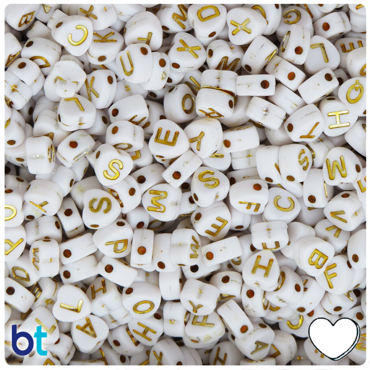 BeadTin White Opaque 7mm Heart Plastic Alpha Beads - Gold Letter Mix (250pcs)